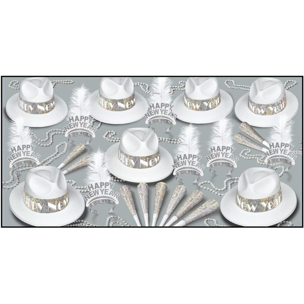 imageBeistle 50Person New Years Eve Party Pack Silver ampamp White NYE Hats Feathered Tiaras Necklaces ampamp Horns New Years Accessories Celebration Assortments