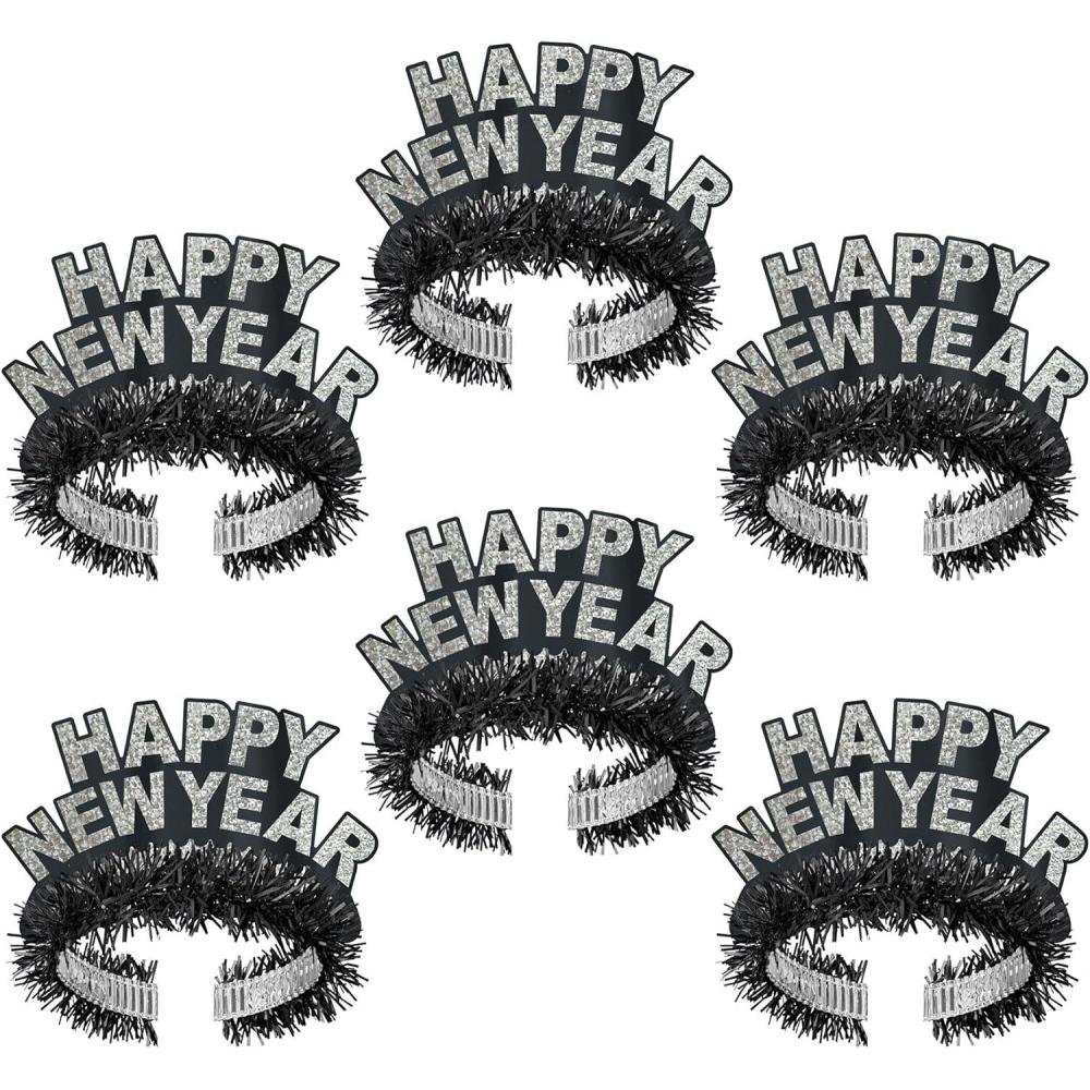 imageBeistle Black and Silver HNY Regal Tiaras Pack of 6 Happy New Year Party Headbands in Black and Silver NYE Celebration Favors and Headwear Accessories One Size