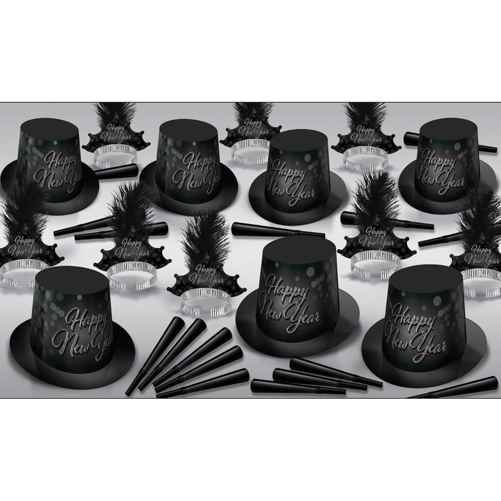 imageBeistle Blackout New Year Assortment Party Pack HiHats 25 Plumed Tiaras and 50 Foil 9 HornsElegant Favors and Accessories for NYE Celebrations One Size BlackSilver