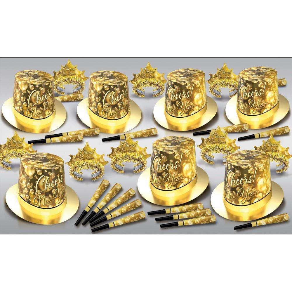 imageBeistle Cheers New Year Assortment NYE Party Pack HiHats 25 Tiaras and 50 Foil 9 Horns Gold Champagne Bubble Design Headwear Accessories and Favors One Size