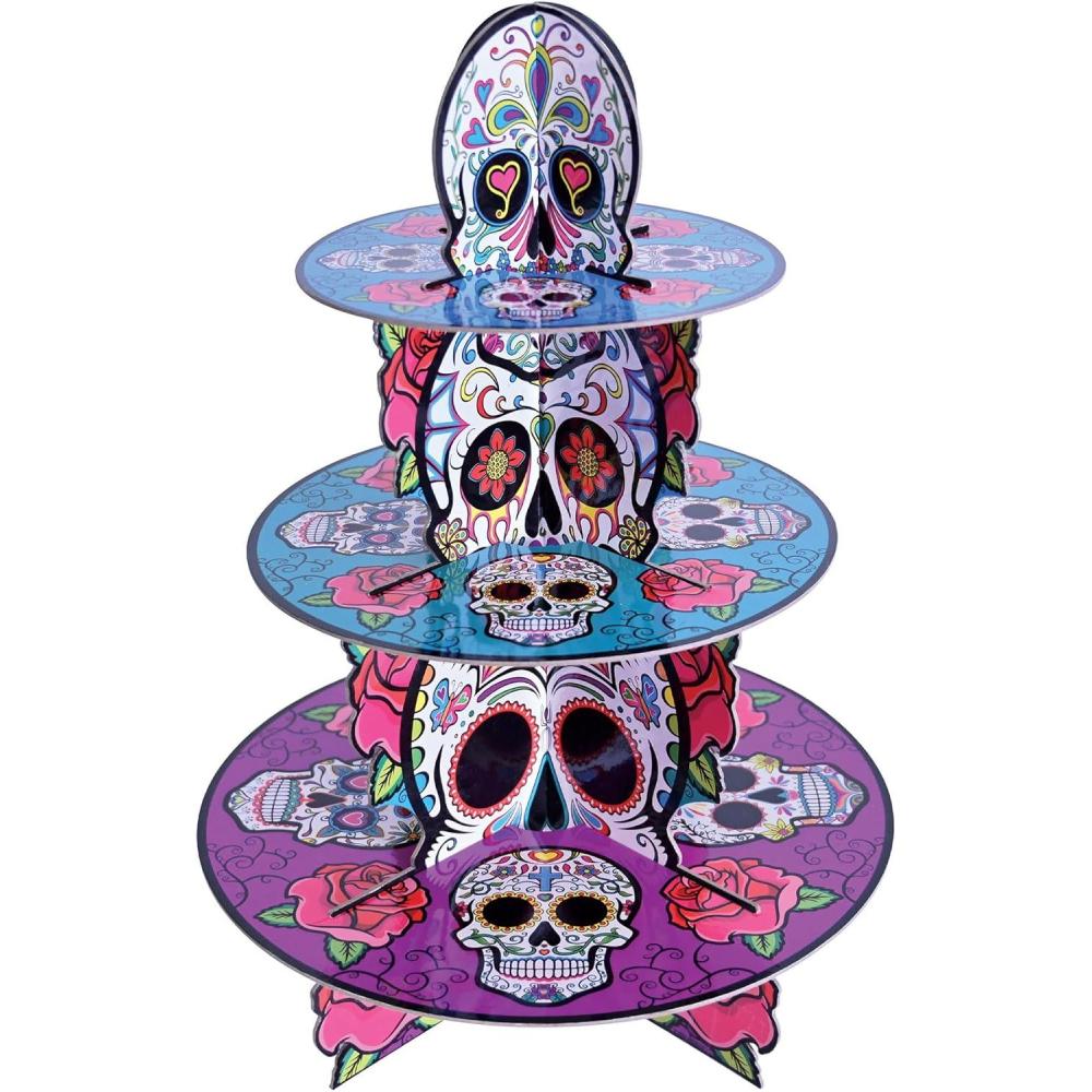 imageBeistle Day of The Dead Cupcake Stand 16 Dia de Los Muertos 3Tier Treat Display Sugar Skull Dessert Tray for Halloween Celebrations and Mexican Fiestas Pack of 2113