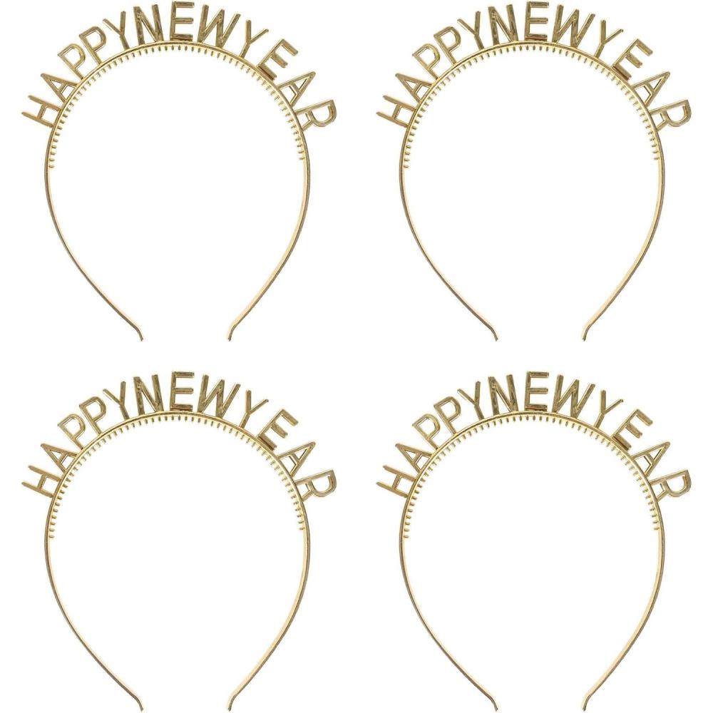 imageBeistle Gold Happy New Year Headbands Set of 4 Festive Metallic NYE Party Headwear Accessories for New Years Eve Celebrations with HNY Design Plastic Hair Decorations