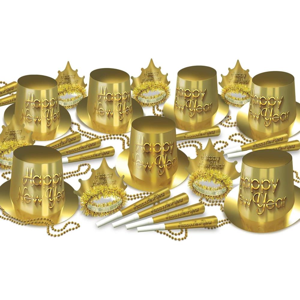 imageBeistle Golden New Years Eve Party Asst For 50 People  NYE Hats Tiaras Noisemaker Horns Necklaces Made in USA