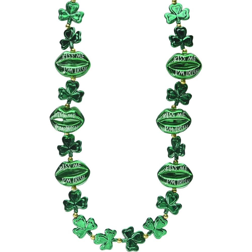 imageBeistle Happy St Patricks Day Plastic Beaded Necklace Assortment 100 Piece Shamrock Party Favors 24quot ampamp 33quot GreenGoldShamrock Beads wKiss Me Lips
