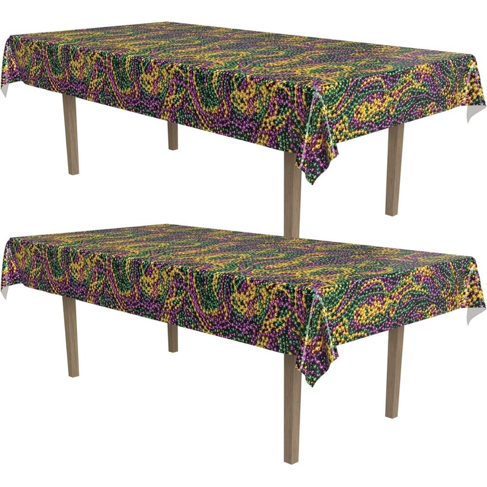 imageBeistle Mardi Gras Tablecovers 2Count Rectangular Plastic Party Tablecloths in Green Golden Yellow and Purple Disposable Table Covers for Parades and Fat Tuesday Celebrations 54quot x 108quotMardi Gras Beads