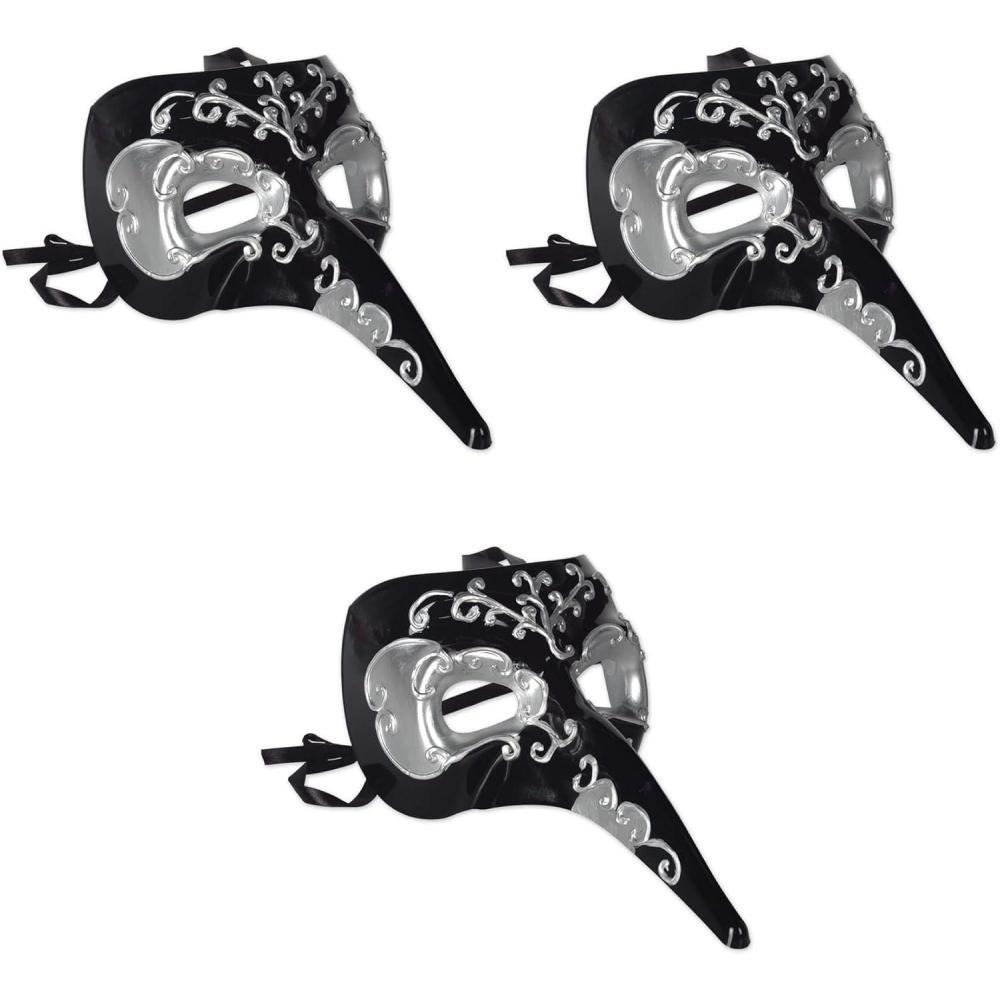 imageBeistle Masquerade Long Nose Masks 3Pack Black and Silver VenetianStyle Masks with Ribbon Ties Elegant Costume Accessories for Mardi Gras Parties Theatrical Events and Halloween
