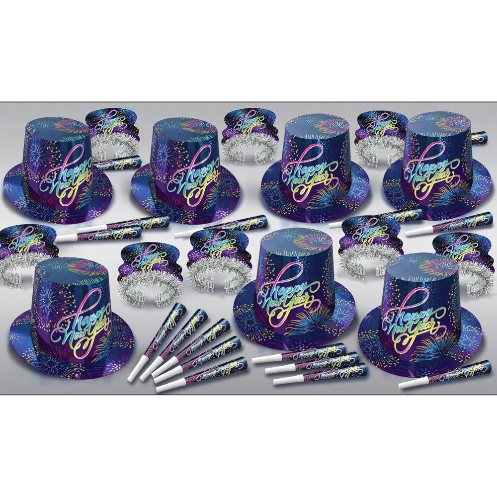 imageBeistle New Years Eve Celebration Assortment Party Pack HiHats 25 Fringed Tiaras and 50 Printed 9 Horns with Fireworks Design NYE Supplies and Favors One Size BlueMulti