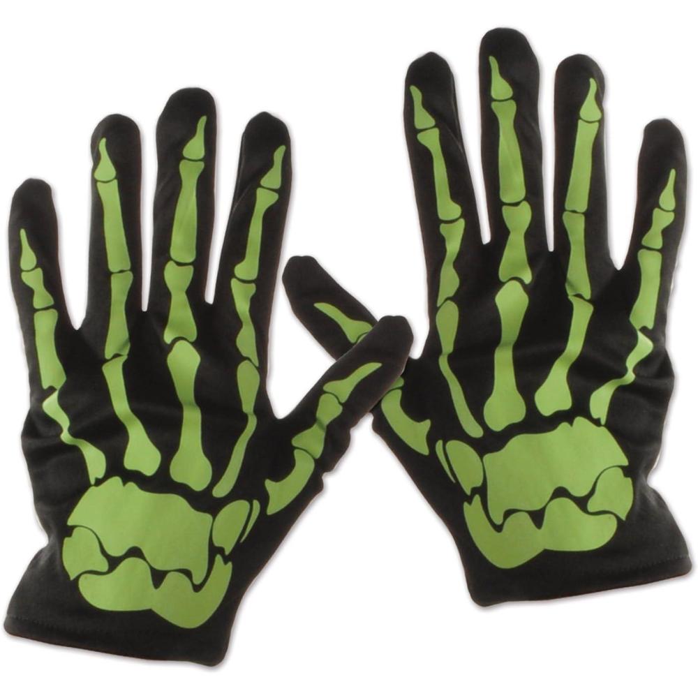 imageBeistle NiteGlo Skeleton Gloves 1 Pair  GlowintheDark Costume Accessory with Bone Print on Black Fabric for Halloween Trickor Treat Parties Zombie or Skeleton Outfits  Adult Size