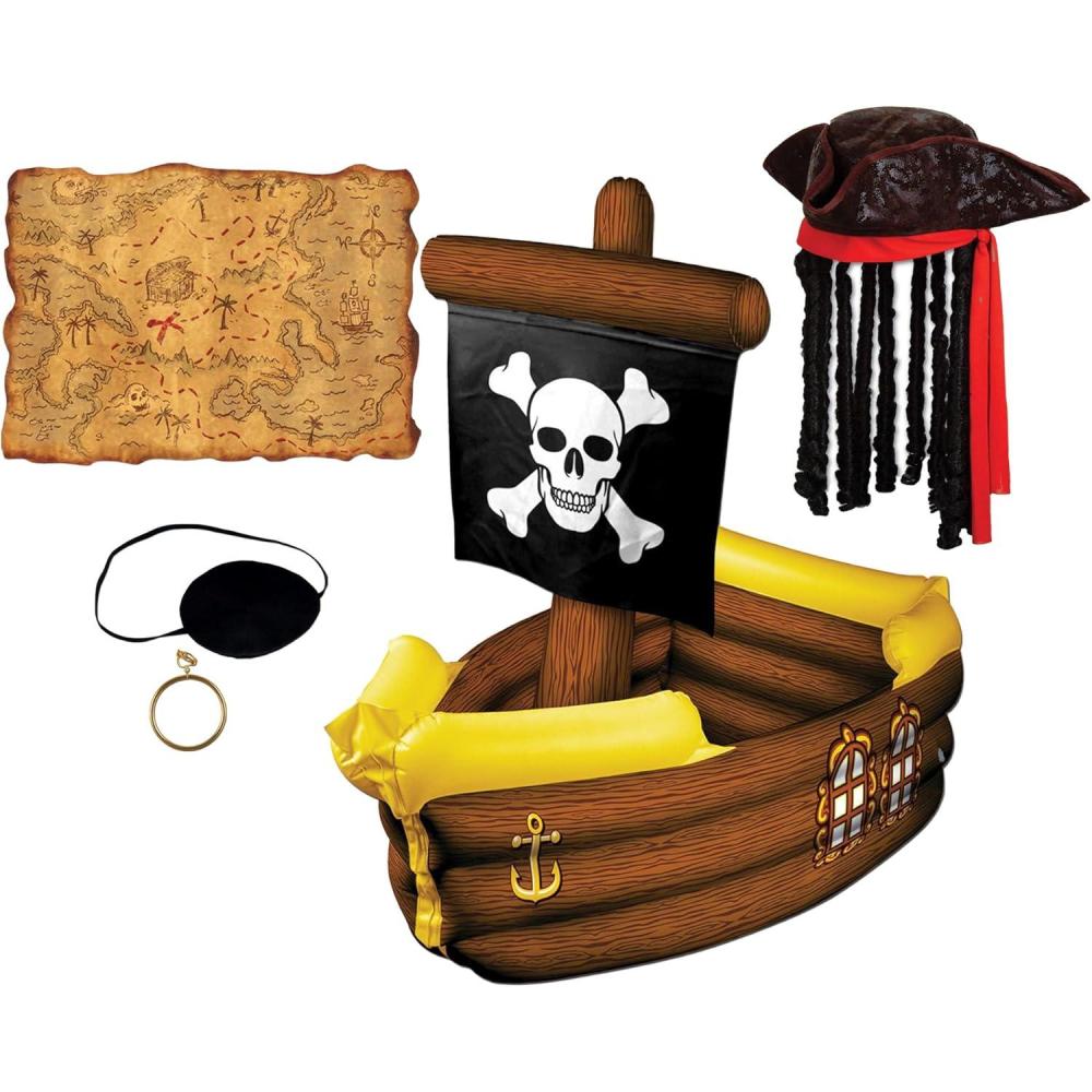 imageBeistle Pirate Themed Party Decoration Kit  Inflatable Ship Drink Cooler Caribbean Pirate Hat with Dreadlocks Treasure Map Pirate Eye Patch Plastic Gold Earring  Halloween Dress Up