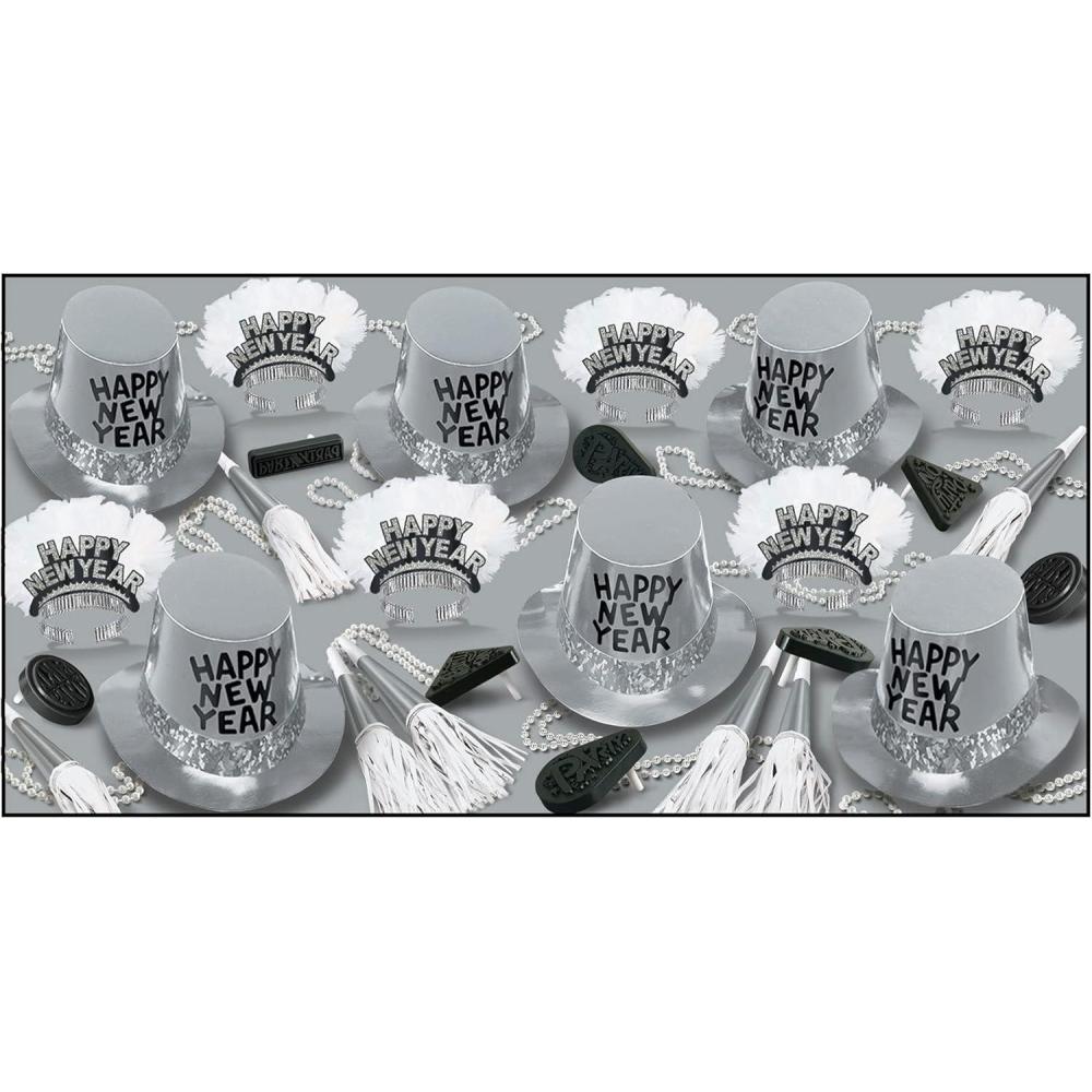 imageBeistle Platinum Assortment for 50 People New Years Eve Party Supplies Photo Booth Props  Hats Tiaras Horns Noisemakers Necklaces One Size SilverBlackWhite