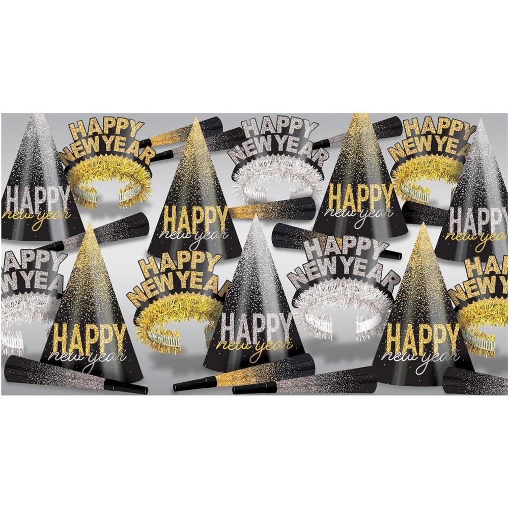 imageBeistle Silver ampamp Gold Midnight Burst New Years Eve Assortment For 50 People NYE Party Supplies Photo Booth Props Party Hats Tiaras Horns Made In USA Since 1900
