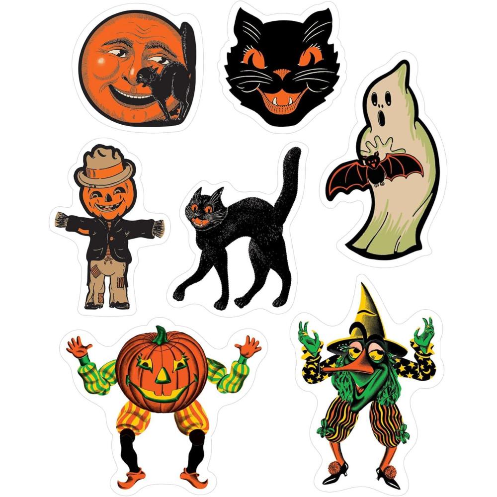 imageBeistle Vintage Halloween Window Clings 28 Classic Icons on 4 Sheets 12 x 17 Sheet Cat Face Moon Ghost Pumpkin Head Scarecrow Scratch Cat Goblin ampamp Witch Characters