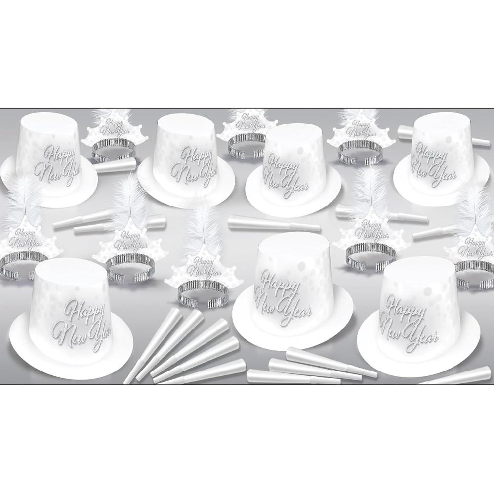 imageBeistle Whiteout New Year Assortment Party Pack HiHats 25 Plumed Tiaras and 50 Foil 9 HornsElegant Favors and Accessories for NYE Celebrations One Size WhiteSilver