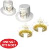 Beistle 50-Person New Year’s Eve Party Pack, White & Gold NYE Tophats, Feathered Tiaras, Necklaces, & Horns, New Years Decor, Celebration Assortments