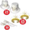 Beistle 50-Person New Year’s Eve Party Pack, White & Gold NYE Tophats, Feathered Tiaras, Necklaces, & Horns, New Years Decor, Celebration Assortments