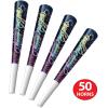 Beistle New Year’s Eve Celebration Assortment, Party Pack Hi-Hats, 25 Fringed Tiaras, and 50 Printed 9” Horns with Fireworks Design, NYE Supplies and Favors, One Size, Blue/Multi
