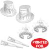 Beistle White & Silver New Year’s Eve Assortment For 50 People NYE Party Supplies, Photo Booth Props, Hats, Tiaras, Horns, Made In USA Since 1900, One Size
