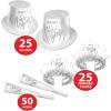 Beistle White & Silver New Year’s Eve Assortment For 50 People NYE Party Supplies, Photo Booth Props, Hats, Tiaras, Horns, Made In USA Since 1900, One Size
