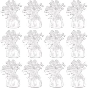 Beistle 12 Count Rainbow Metallic Plastic Wrapped Balloon Weights for Birthday Parties, Colorful Celebrations and Pride Events, Table Decorations for Any Theme, 6 Oz(White)