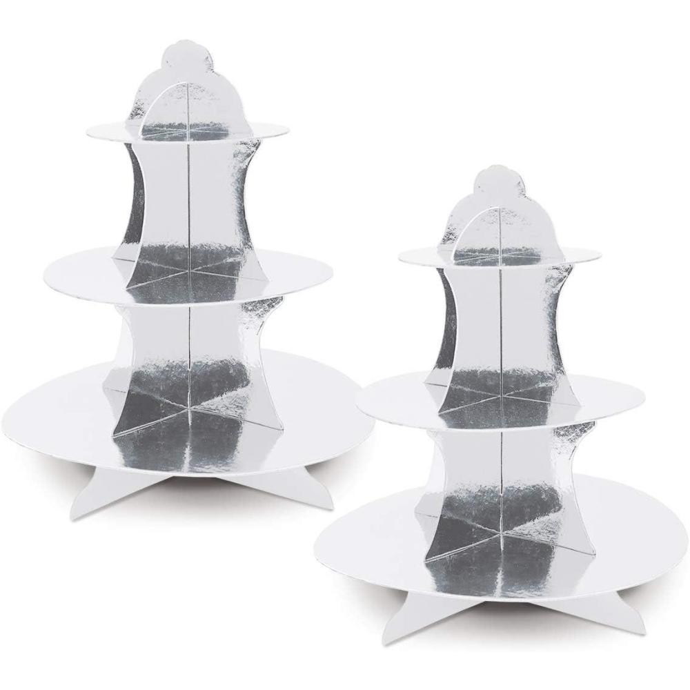 imageBeistle 2 Piece Durable Boardstock 3Tier Cupcake Stands for Birthday Parties Wedding Reception Centerpieces Halloween Dessert HoldersMetallic Cupcake Stand  Silver 2 Pack