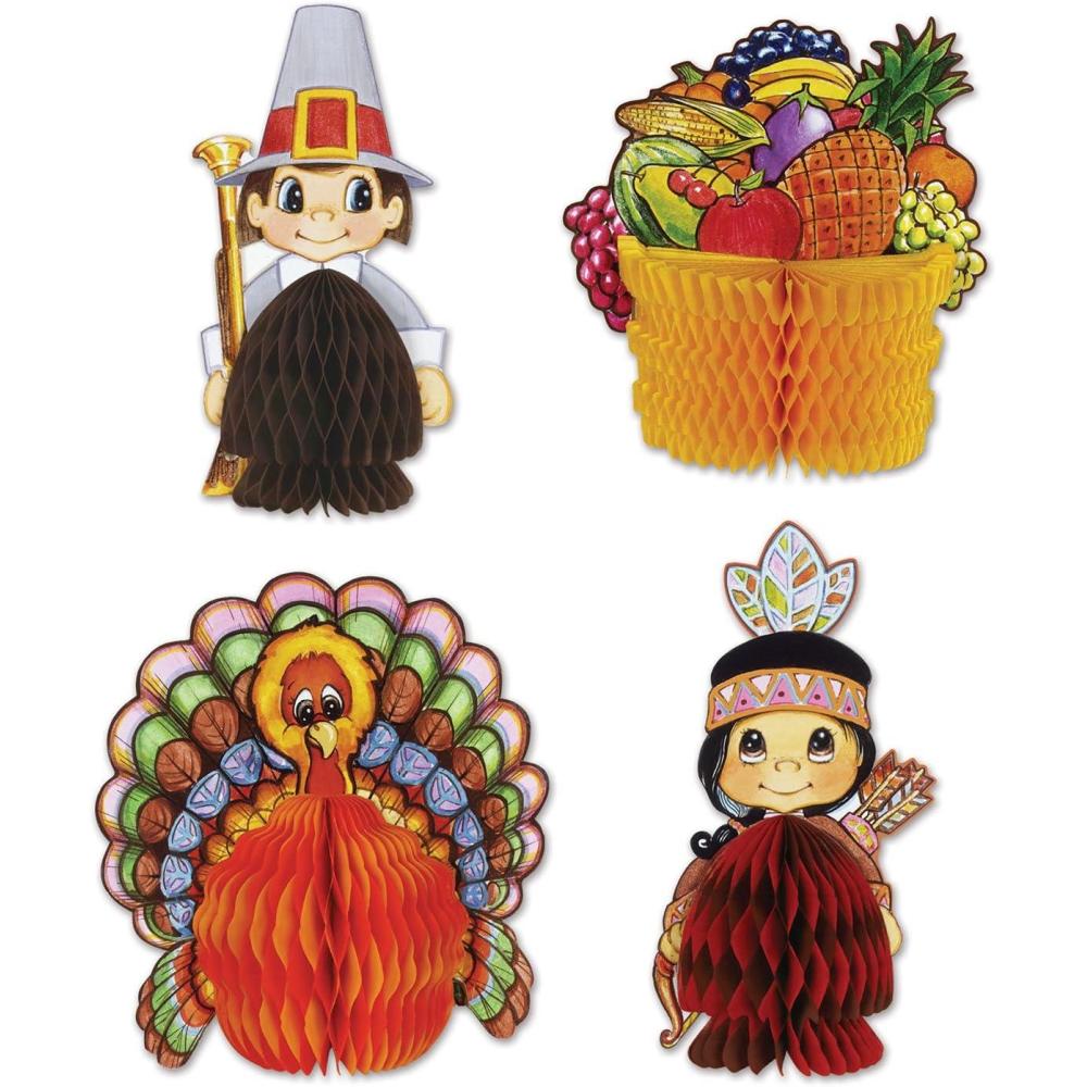 imageBeistle 4 Piece Thanksgiving Decorations Mini Pilgrim And Turkey Table Centerpieces For Fall Autumn Party Dcor