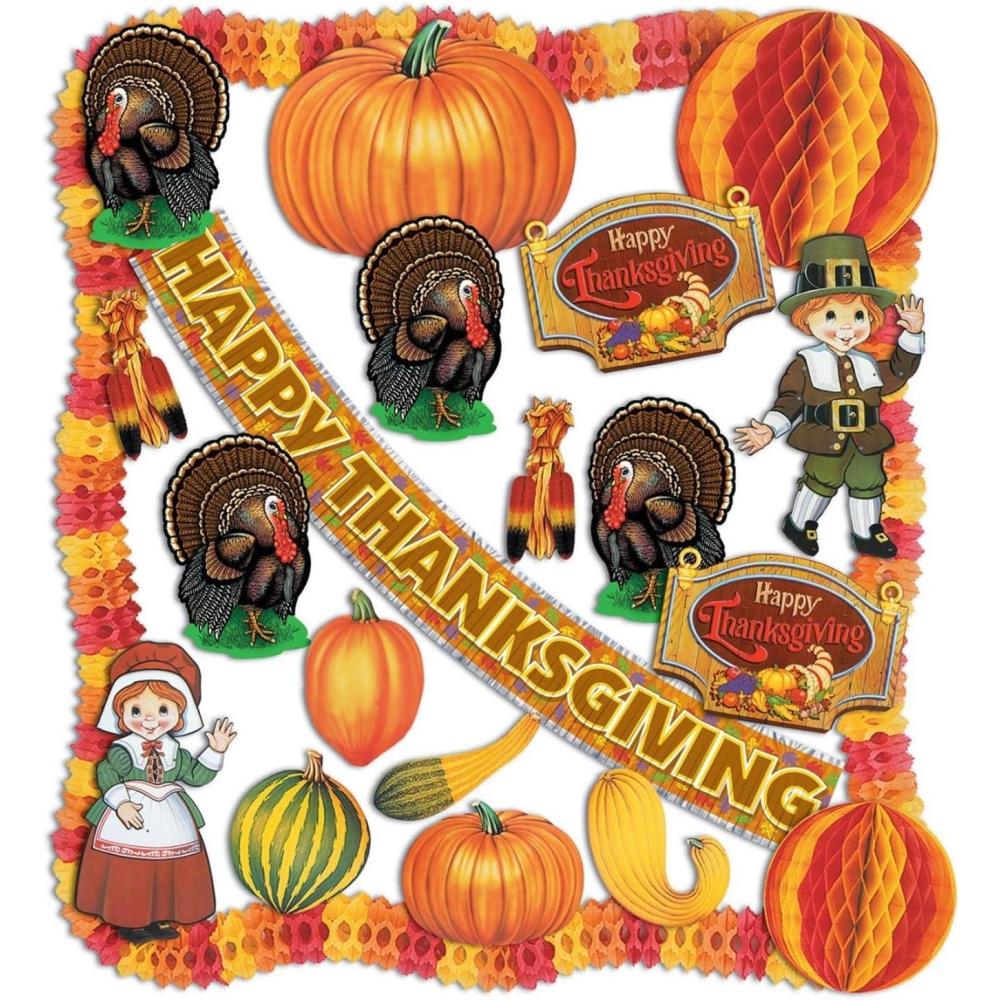 imageBeistle 24Piece Pilgrims Turkeys and Pumpkins Thanksgiving Decorating Kit