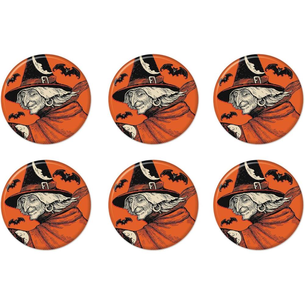 imageBeistle 6 Piece Retro Vintage Happy Halloween Party Favors Classic Witch Pinback Buttons