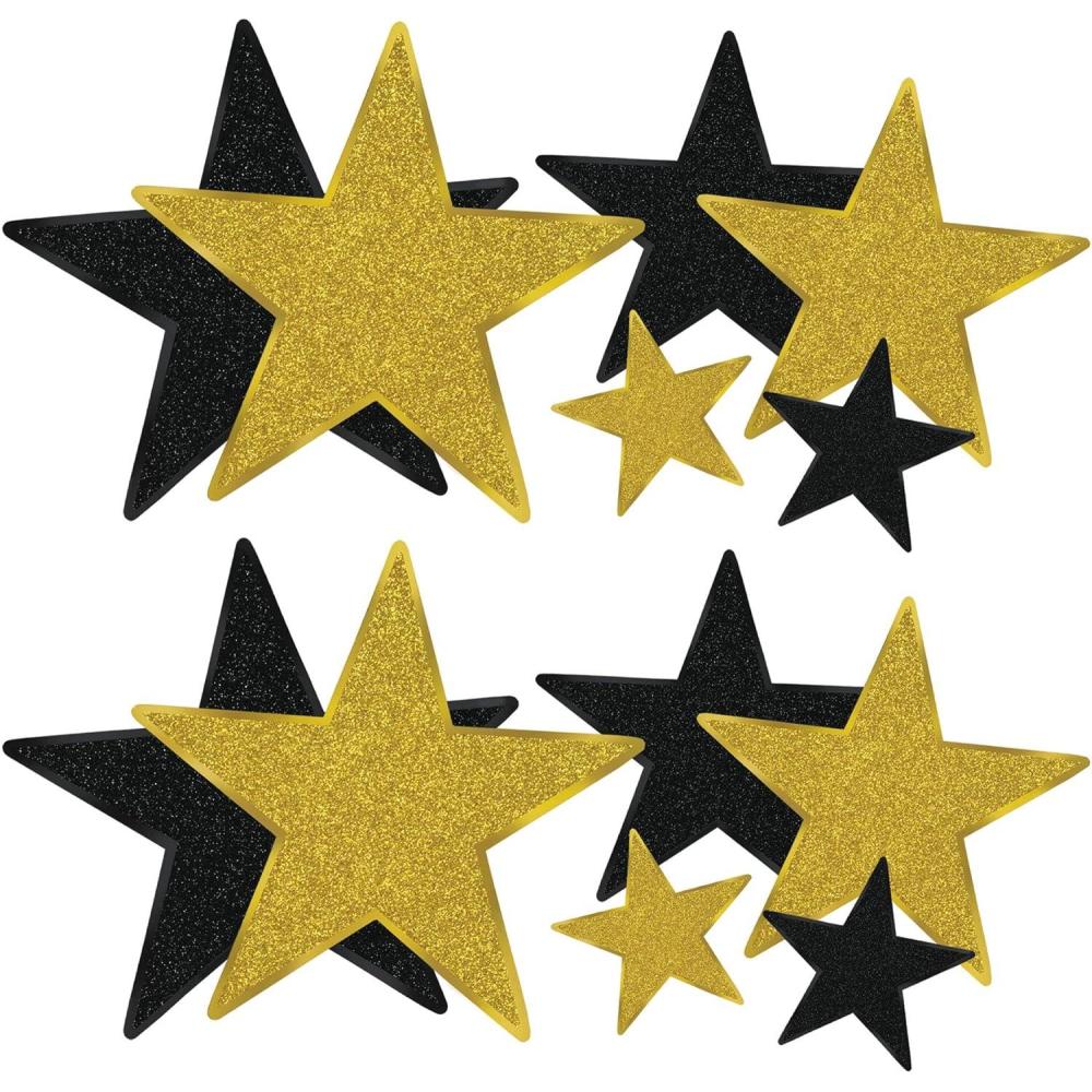 imageBeistle Glittered Gold Foil Star CutoutsBlack  Gold 12pack