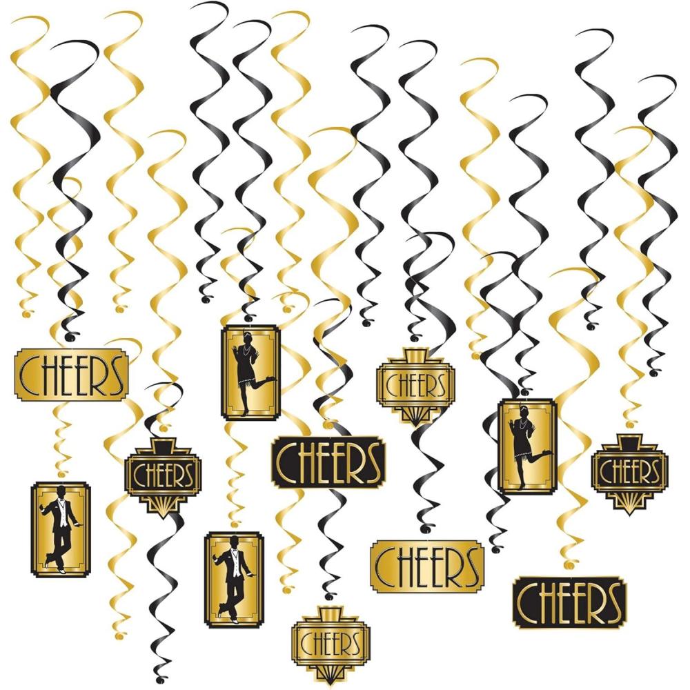 imageBeistle Great 20s Whirls  24Pack Art Deco Hanging Swirl Decorations with Metallic Gold ampamp Black Spirals 1920s Party Ceiling Decor for Roaring Twenties Jazz Age Events and New Years Eve 17quot32quot