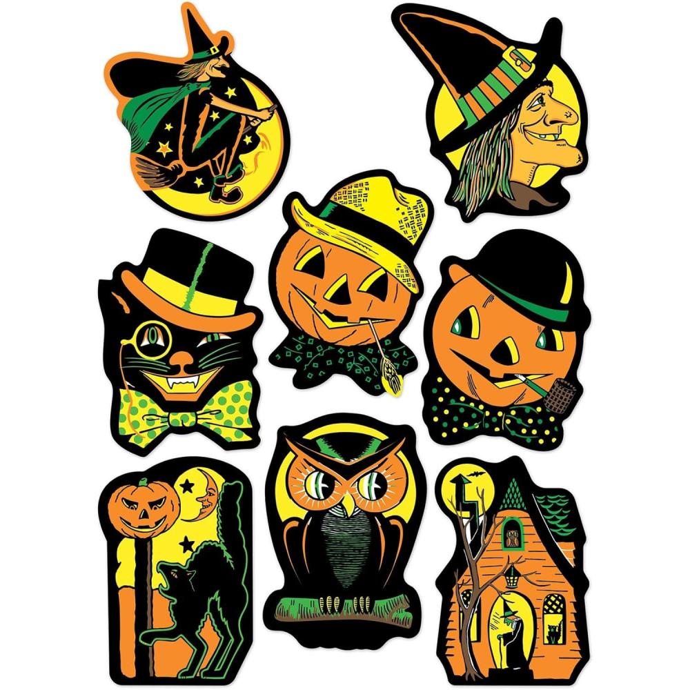 imageBeistle Vintage Halloween Stickers  16 Sheets of Retro PeelandStick Decals Featuring Witches JackOLanterns and Black Cats 128 Total Seals for Cards Crafts and Party Favors