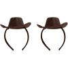Beistle Cowboy Hat Headbands – 2 Pack Brown Faux Leather Western Mini Cowgirl Hats on Snap-On Fabric Headbands, Rodeo Party Favors, Country Themed Photo Booth Props and Adult Costume Accessories
