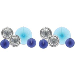 Beistle 10Piece Assorted Paper & Foil Decorative Fans, Assorted Sizes, , Dark Blue/Light Blue/Silver