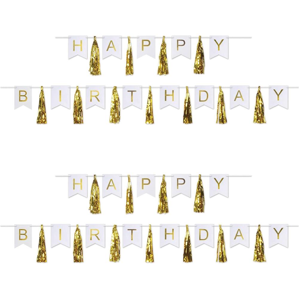 imageBeistle 2 Piece Metallic Plastic Gold Tassel Banners With Paper Pennants For Happy Birthday Party Decorations