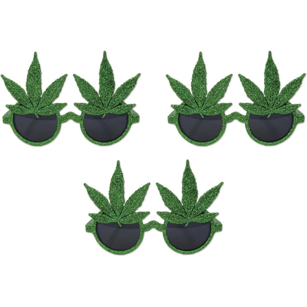 imageBeistle 3Piece Glittered Weed Glasses in Green Novelty Marijuana Themed Party Accessories 420 Mary Jane Party Supplies Funny Weed Party Favors