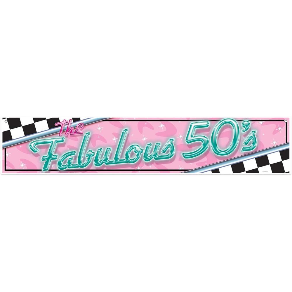 imageBeistle 5 Wide 1950s Theme Plastic The Fabulous 50s Banner With Grommets For Hanging Sock Hop Party Decorations IndoorOutdoor Use