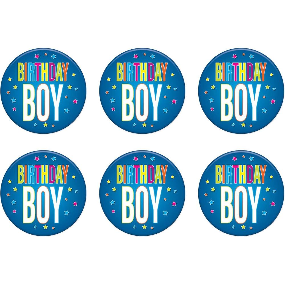imageBeistle 6 Piece Birthday Boy Pinback Button Badge Pins for Party Favors Supplies 2quot BlueMulticolored