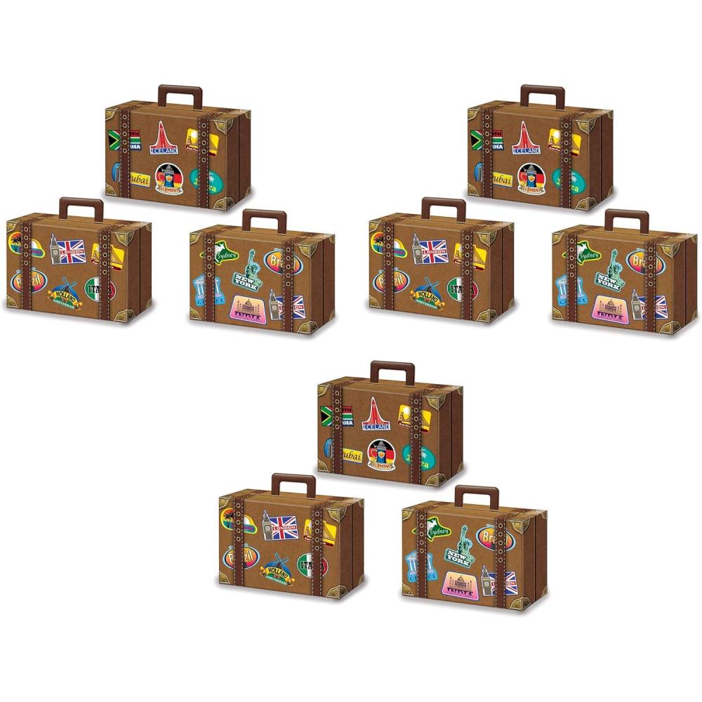 imageBeistle Pack of 9 Luggage Favor Boxes in Brown World Traveler Suitcase Birthday Party Accessories Around the World Party Supplies 4quot x 55quot