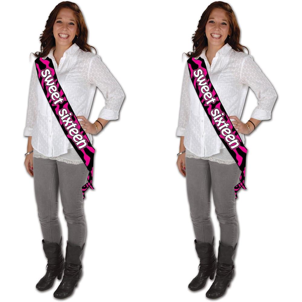 imageBeistle Sweet Sixteen Satin Sash  Magenta ampamp Black Birthday Wearable for Teen Girl  One Size Fits Most Adults with Sewn Bottom  16th BDay Party Photo Prop or Gift Accessory  33quot x 4quot2 piece