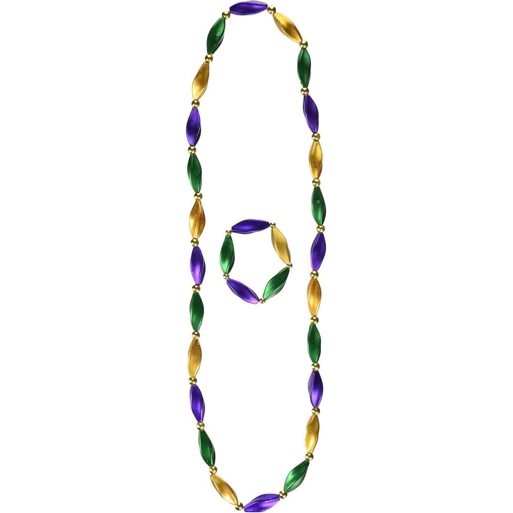 imageMardi Gras Plastic Throw Beads Necklace Assortment 100 Piece Party FavorsSatin Swirl BeadsBracelet Set