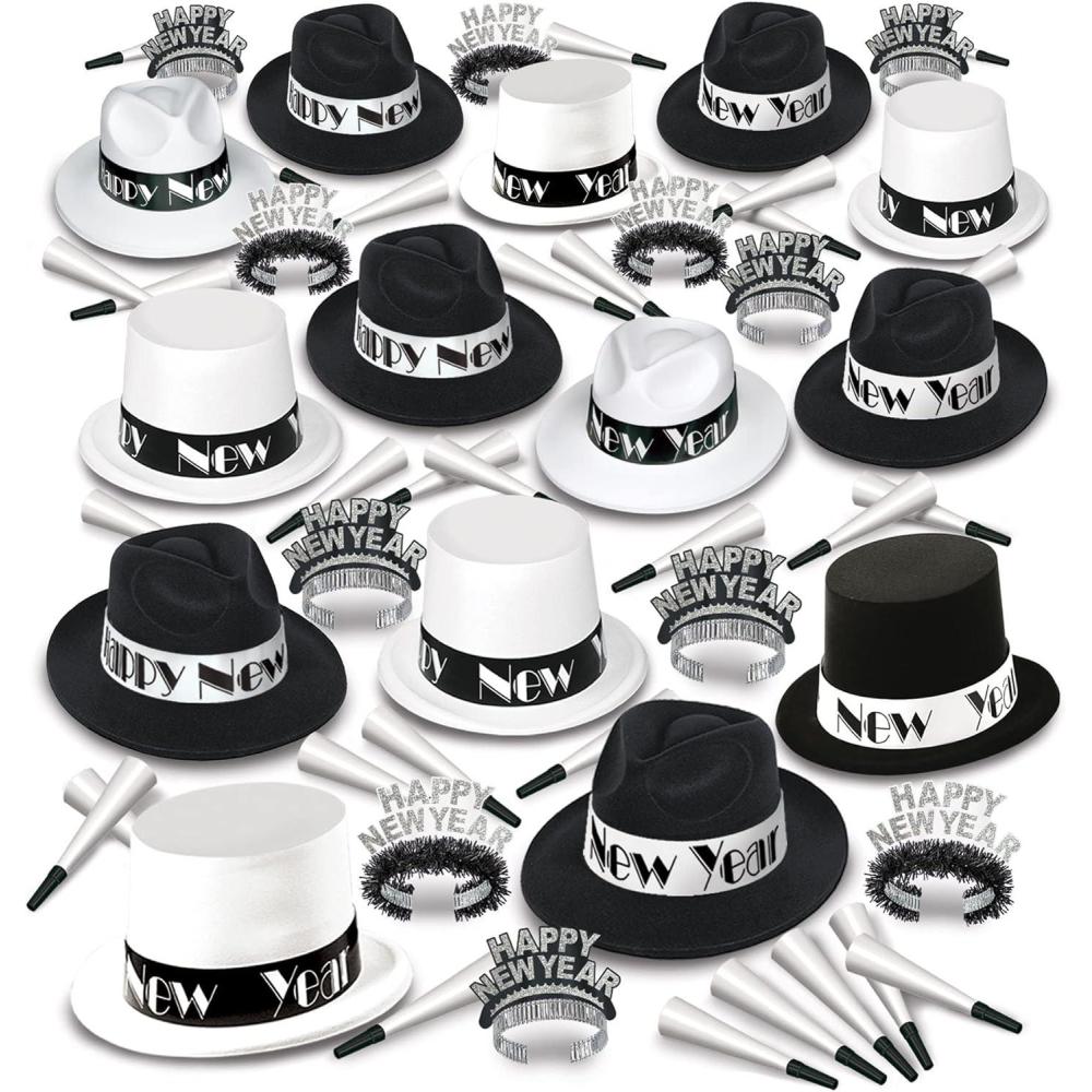 imageBeistle New Years Eve Party Pack for 100 People Black White ampamp Silver 1920s NYE Top Hats Tiaras Necklaces ampamp Horns New Years Decor ampamp Celebration Props