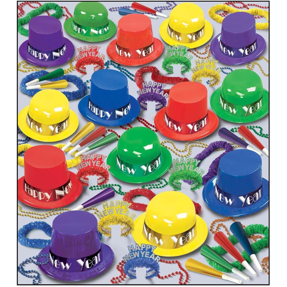 imageBeistle New Years Eve Party Pack for 100 People Red Blue Green ampamp Yellow NYE Hats Tiaras Necklaces ampamp Horns New Years Decor ampamp Accessories