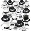 Beistle New Year’s Eve Party Pack for 100 People, Black, White & Silver 1920s NYE Top Hats, Tiaras, Necklaces, & Horns, New Years Decor & Celebration Props