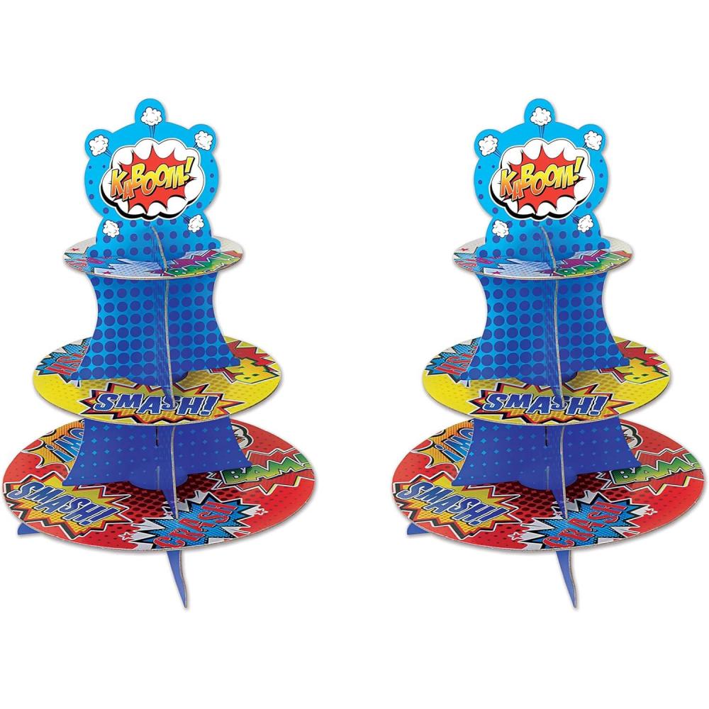 imageBeistle 2 Piece Hero Party Supplies Durable Cupcake Stands And Dessert Holders  Comic Book Theme Birthday Party Centerpiece Multicolored 16Hero Cupcake Stand  2 Pack