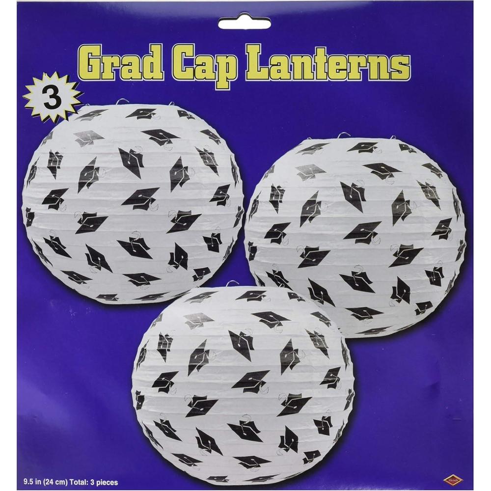imageBeistle Grad Cap Paper Lanterns 3Count Black and White Graduation Party Hanging Decorations High School College University Commencement Celebration Supplies 95