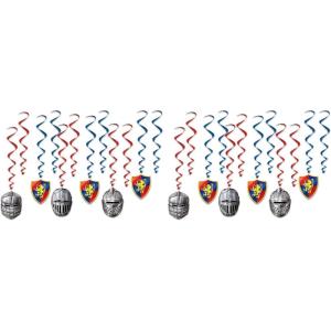 Beistle 5 Piece Medieval Theme Hanging Swirl Decorations with Helmet and Shield Icons for Princess Birthday Party Supplies, Whirls, Multicolored(Medieval Whirls (24-Pack))