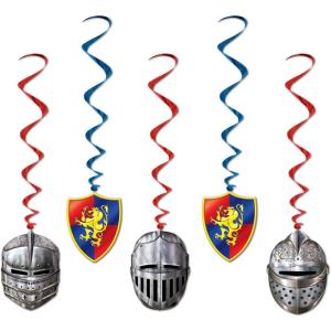 Beistle 5 Piece Medieval Theme Hanging Swirl Decorations with Helmet and Shield Icons for Princess Birthday Party Supplies, Whirls, Multicolored(Medieval Whirls)