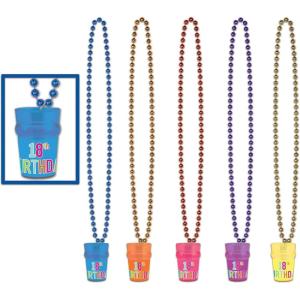 Beistle Happy 18th Birthday Party Wearables, 2-Pack Colorful B-Day Necklaces with 2.5 oz Shot Glass Attached in Assorted Colors, Bar Crawl Drinking Accessories, 33″
