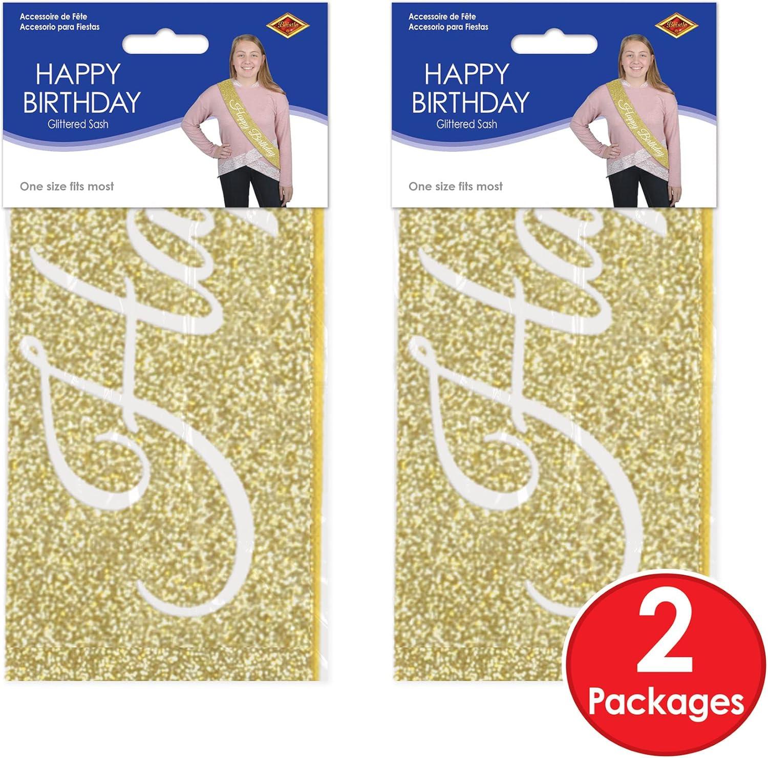 imageBeistle Happy Birthday Glittered Sashes 2Pack Gold Glitter Accessories with White Script for Milestone Celebrations Adult Party Outfits Photo Booth Props and Bday Honoree Wearables 32quot x 3quot