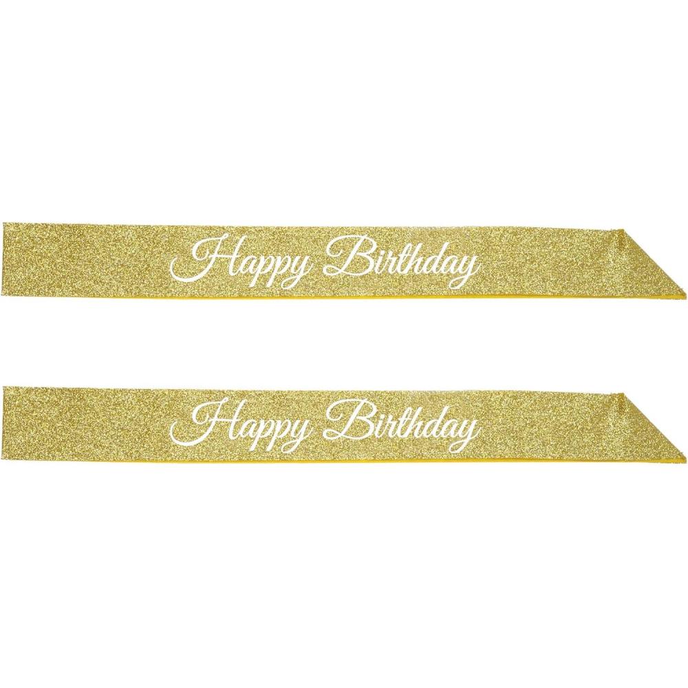 imageBeistle Happy Birthday Glittered Sashes 2Pack Gold Glitter Accessories with White Script for Milestone Celebrations Adult Party Outfits Photo Booth Props and Bday Honoree Wearables 32quot x 3quot