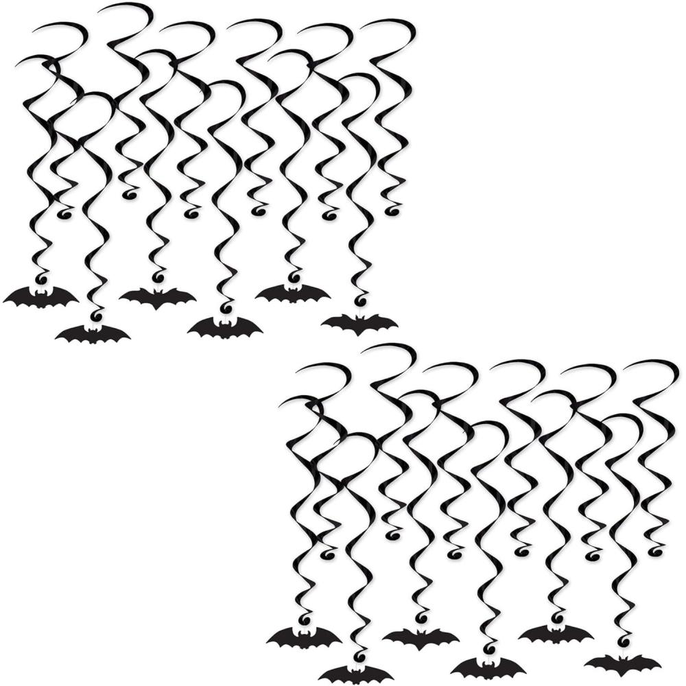imageBeistle Bat Silhouette Whirls  24Pack Black Metallic Hanging Spiral Decorations with 12 Bat Cutouts and 12 Plain Swirls for Halloween Parties Haunted Houses and Spooky Ceiling Displays 17quot24quot